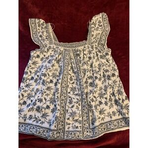 Max Studio London Womens Blue White Floral Toile Ruffle Sleeve Blouse Top M